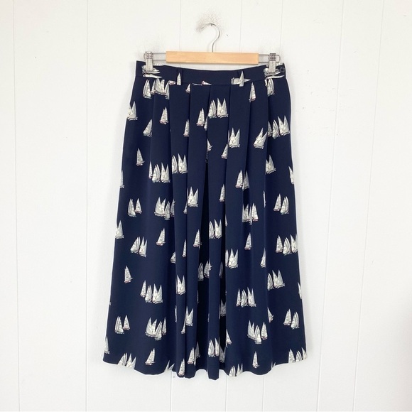 Vintage Dresses & Skirts - J.G. Hook Womens Midi Skirt 29” W Navy White Sailboat Pleated Nautical Pockets *